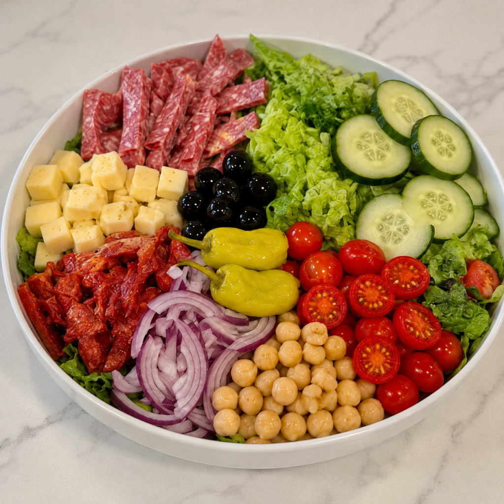 Antipasto Dressed Reynaldos Cocina Homemade Antipasto Salad with salami, cheese, olives, cucumbers, tomatoes, chickpeas, pepperoncini, and romaine lettuce from Reynaldo’s Cocina