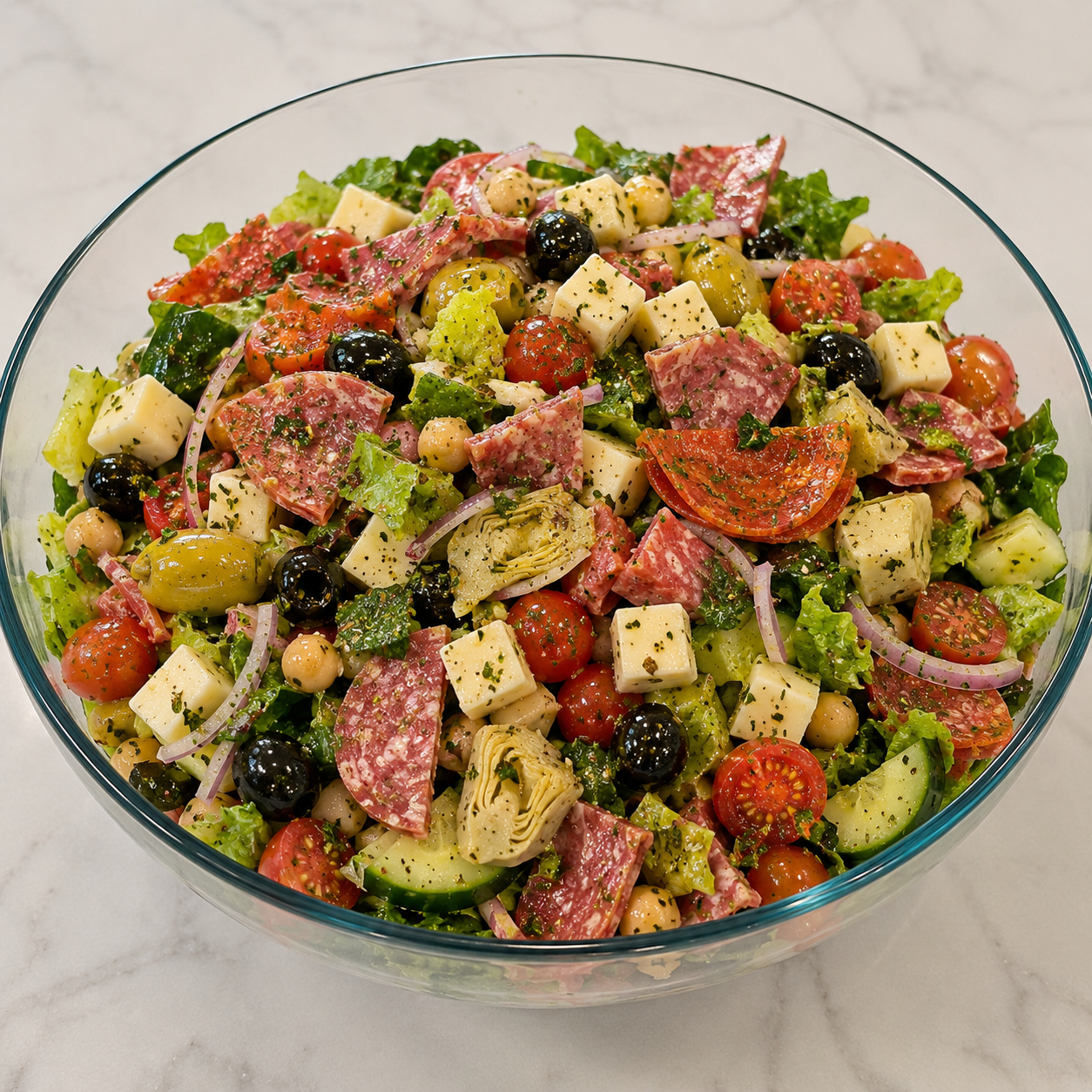 Homemade Antipasto Salad with salami, cheese, olives, cucumbers, tomatoes, chickpeas, pepperoncini, and romaine lettuce from Reynaldo’s Cocina