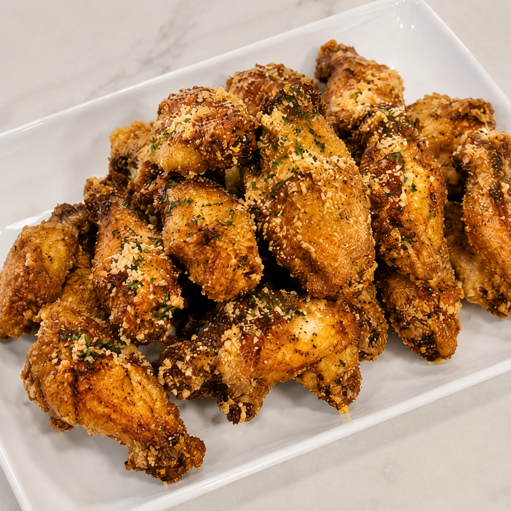 Homemade Crispy Garlic Parmesan Chicken Wings served on a white platter with parmesan cheese and herbs from Reynaldo’s Cocina