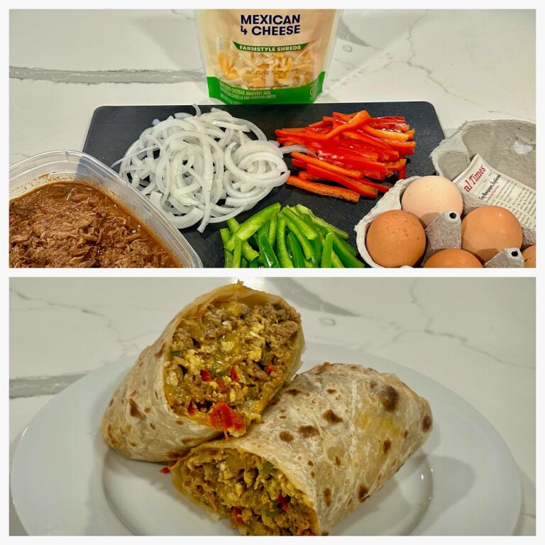 Machaca breakfast burrito stuffed with barbacoa beef, scrambled eggs, sautéed peppers and onions, and melted Mexican cheese blend.