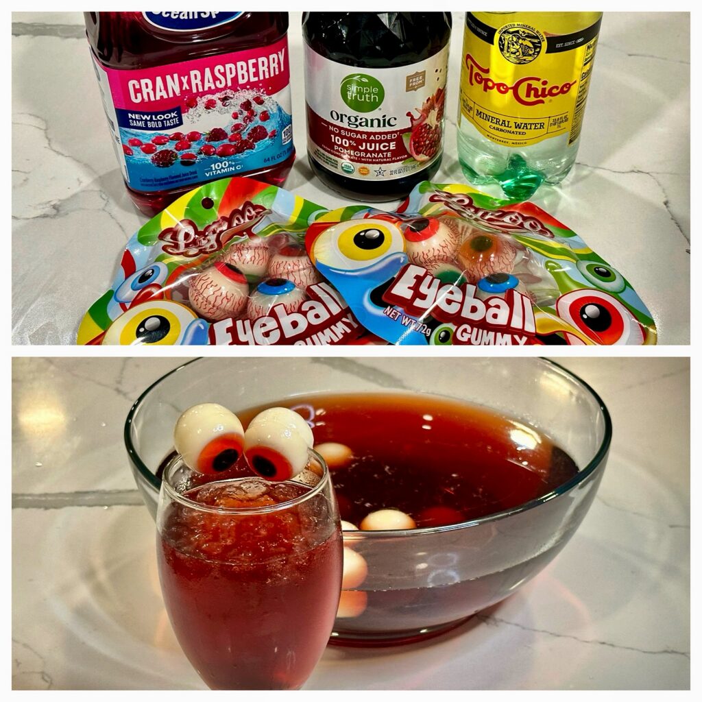 Halloween Vampire Punch made with cran-raspberry juice, pomegranate juice, sparkling mineral water, crushed ice, and floating gummy eyeballs.