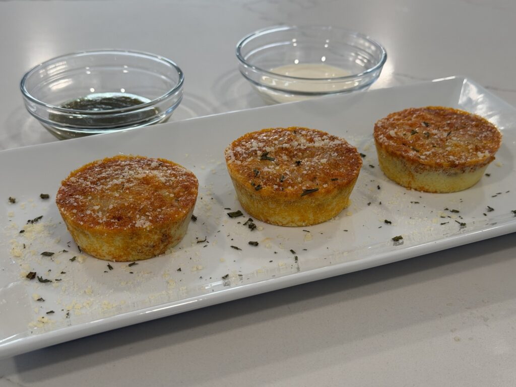 Chorizo and Egg Bites Homemade chorizo and cheese egg bites topped with mozzarella and served with salsa verde and Mexican crema.