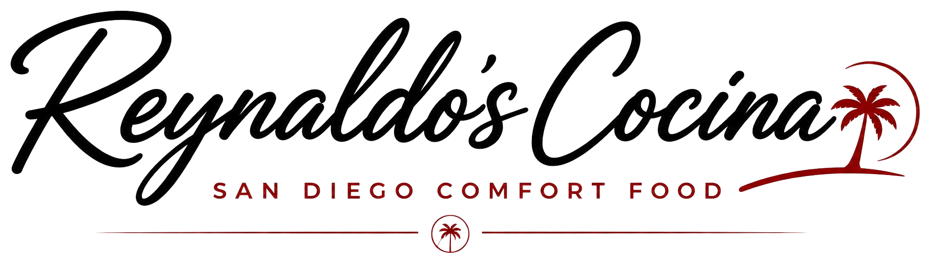 Wide Reynaldo’s Cocina website banner with white marble background, black script logo, red accents, and comfort food branding.