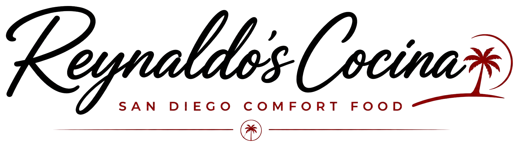Wide Reynaldo’s Cocina website banner with white marble background, black script logo, red accents, and comfort food branding.